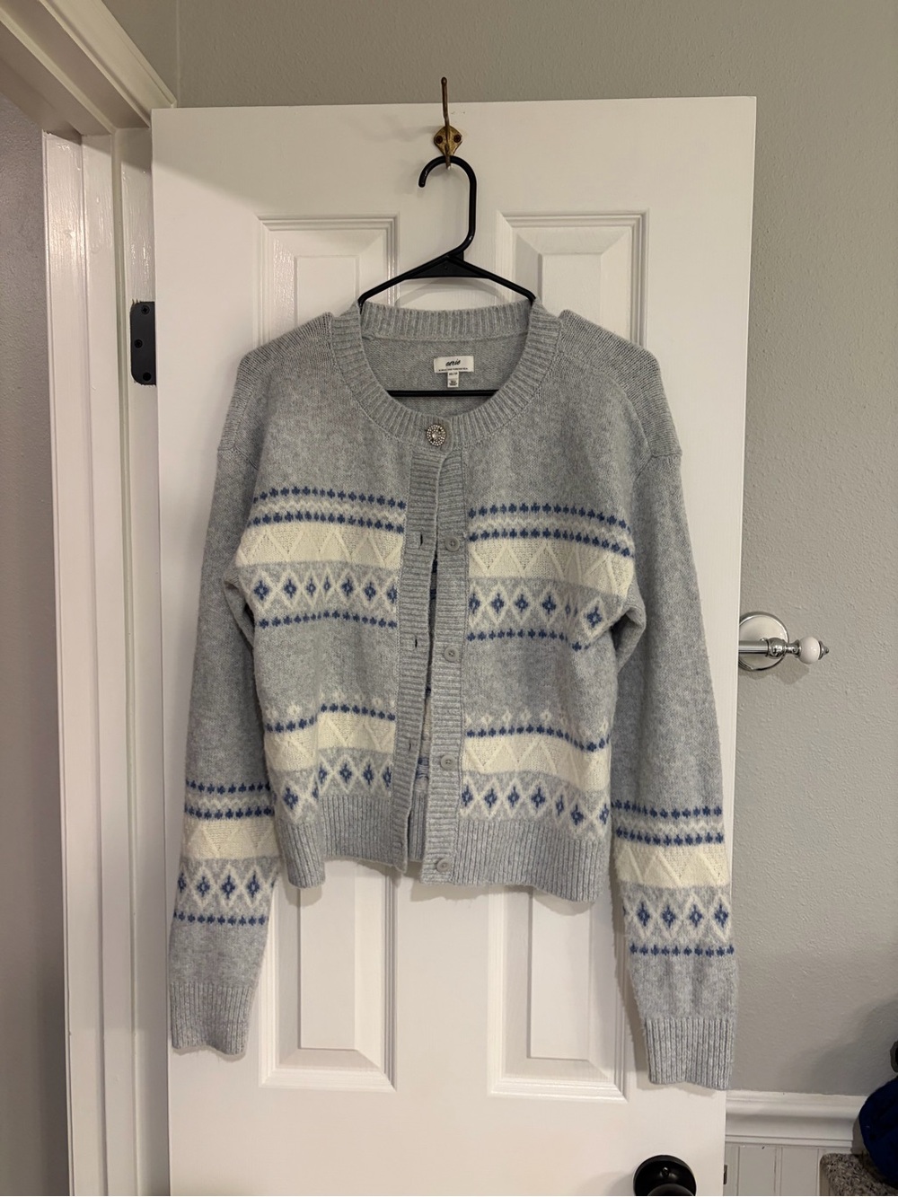 Aerie Unreal Fair Isle Cardigan Gray Blue White XS